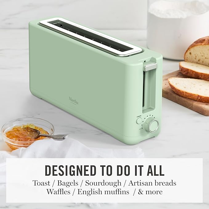 Martha Stewart 2 Slice Long Slot Toaster, Extra Wide for Sourdough & Bagels, 10 Setting Shade Control, Removable Crumb Tray, Self-Centering Design, Defrost/Reheat, Cancel, Slim Space-Saving, Honeydew