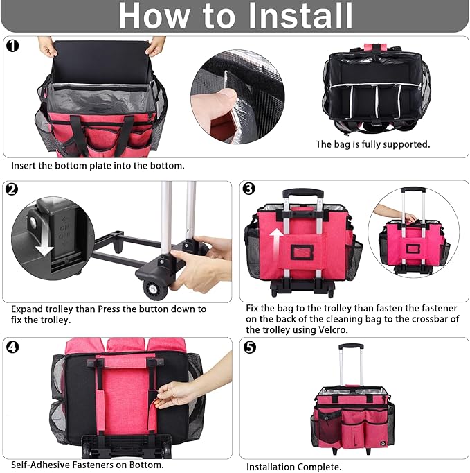Extra large Rolling Cleaning caddy bag Built-in Hard Support Board,Cleaning Cart with Detachable Trolley, Housekeeping Cleaning caddy with Adjustable Shoulder Strap and Multiple Storage Pockets