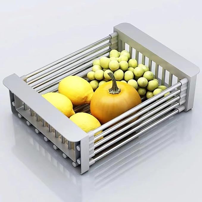 Extend Kitchen Sink Drain Basket, Adjustable Stainless Steel Drying Rack, Extender Basket for Vegetables Fruits and Dishes, Space-Saving Solution for Fruit Vegetable (Black,Large)
