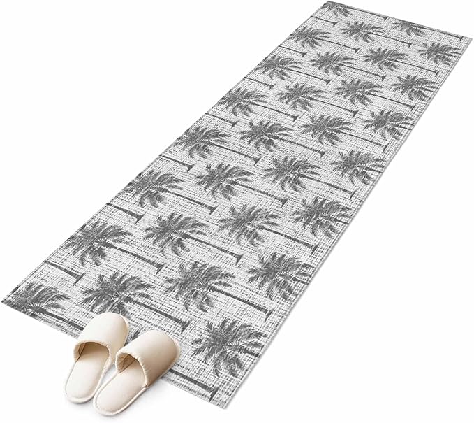 Runner Rug for Bedroom Hallway, Summer Palm Tree Retro Linen Kitchen Runner Rugs Area Rug 2x6ft, Tropical Gray Botanical Washable Soft Floor Carpet for Entryway Stair