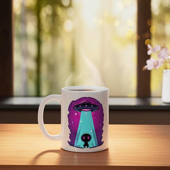 Cute Alien Abduction UFO Retro Space Sci Fi Kawaii Ceramic Mug, White
