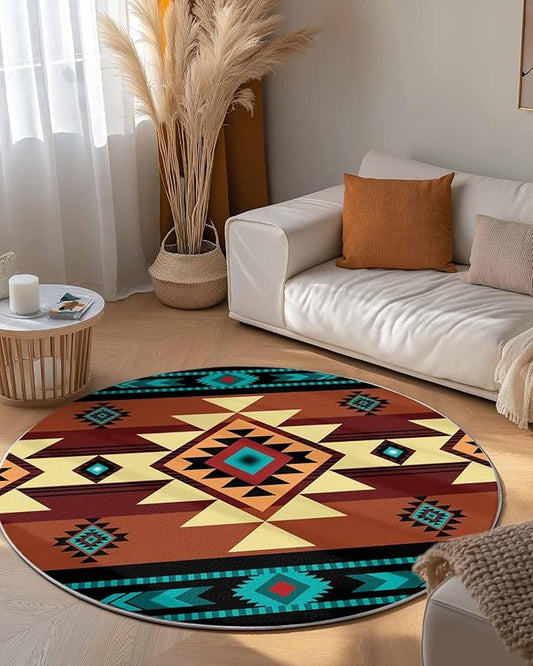 Round Area Rug,Aztec Ethnic Style Color Block Circle Living Room Rug Non-Slip Rugs Indoor Carpet,Abstract Geometric Native American Soft Comfort Rugs for Bedroom KidsRoom Nursery