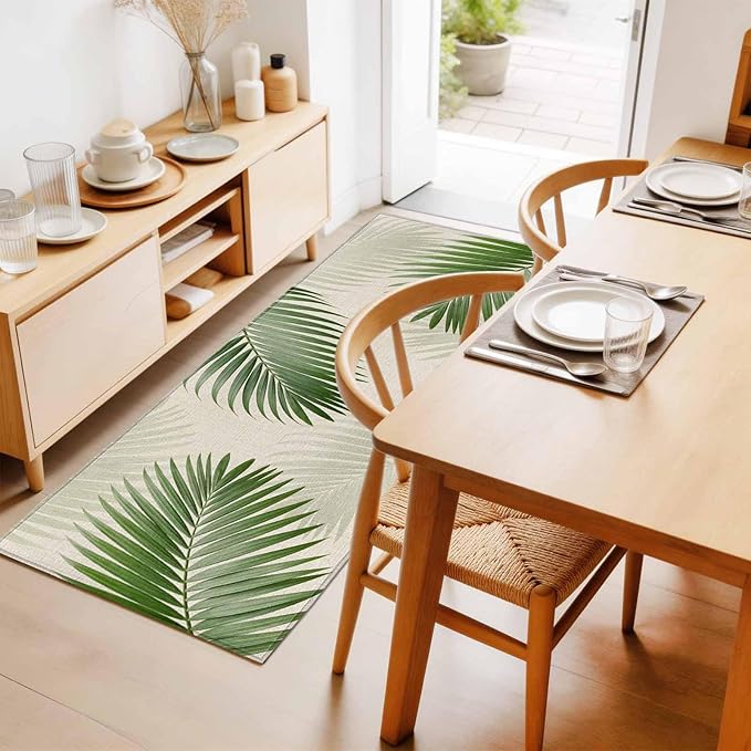 Runner Rug for Bedroom Hallway, Rustic Sage Green Palm Leaves on Linen Kitchen Runner Rugs Area Rug 2x6ft, Summer Plants Washable Soft Floor Carpet for Entryway Stair