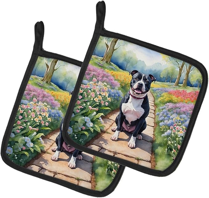 Caroline's Treasures Staffordshire Bull Terrier Spring Path Pair of Pot Holders Kitchen Heat Resistant Pot Holders Sets Oven Hot Pads for Cooking Baking BBQ, 7 1/2 x 7 1/2