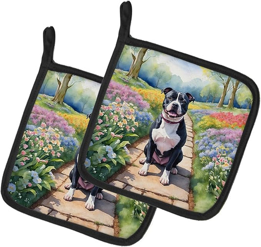Caroline's Treasures Staffordshire Bull Terrier Spring Path Pair of Pot Holders Kitchen Heat Resistant Pot Holders Sets Oven Hot Pads for Cooking Baking BBQ, 7 1/2 x 7 1/2