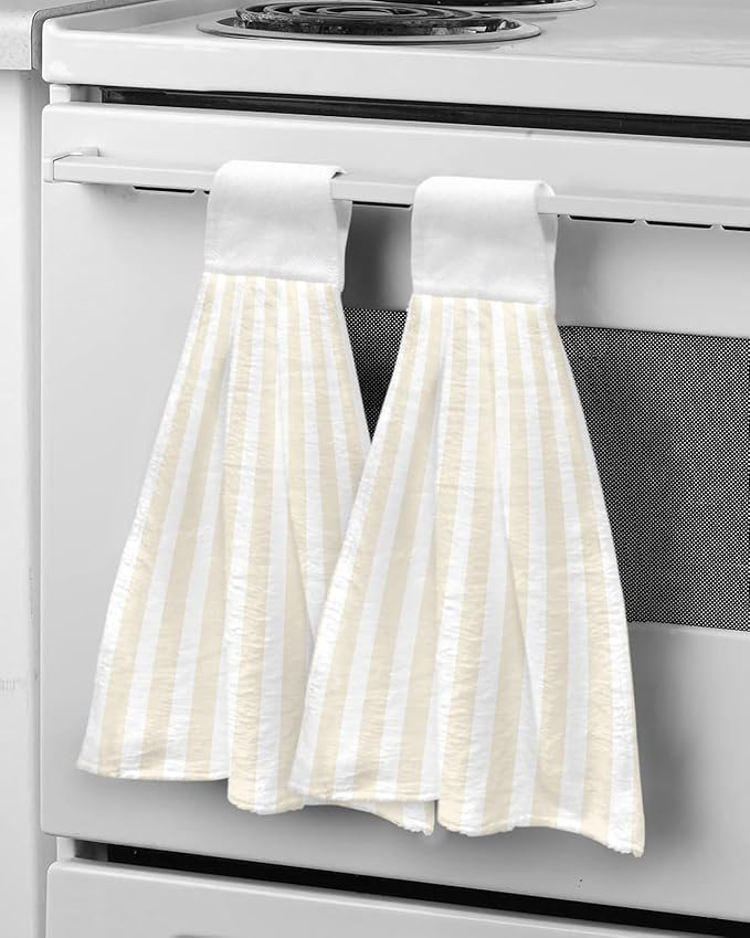 Alandar Home Kitchen Tie Towel Set of 1, Minimalist Abstract Stripe Art Absorbent Soft Hand Towels for Bathroom Hanging Towels, Modern Cream and White Line Fast Drying Cleaning Cloth with Loop