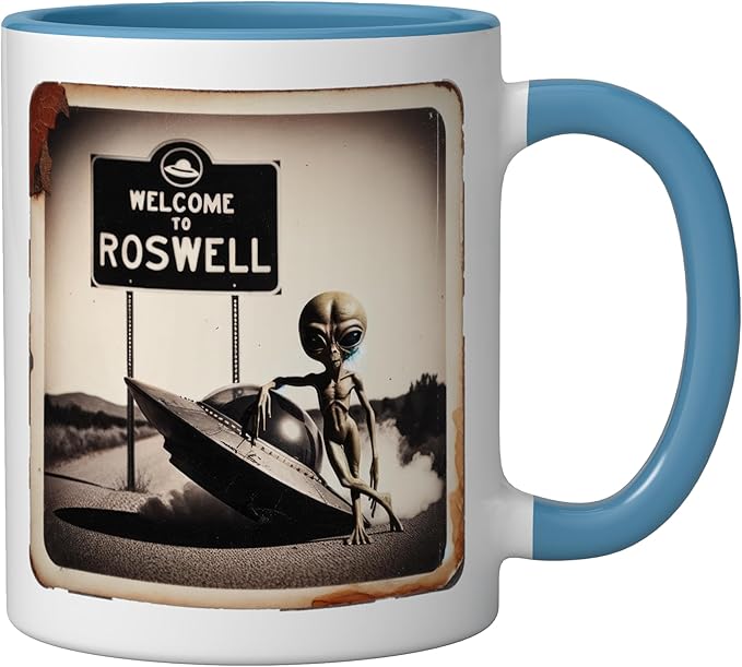 Vintage Alien UFO Crash At Roswell 1947 Photo Ceramic Mug, Blue/White