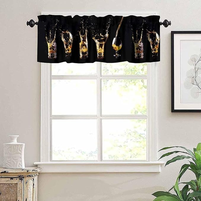 Whiskey Curtain Valance, Western Alcohol Splash Rustic Farmhouse Short Window Treatment for Kitchen Dining Cafe Pub Bar Bedroom Living Room, 54x18Inch