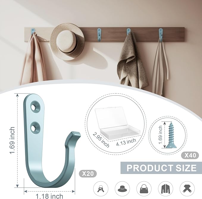 BREYDROK 20PCS Heavy Duty Metal Wall Hooks, Coat Hooks for Hanging - Single Prong with 40 Screws (Coats Towels Backpacks) - Light Blue