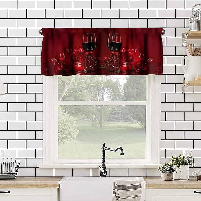 Red Wine Curtain Valance, Romantic Rose Floral Wine Glasses Candle Love Themed Short Window Treatment for Kitchen Dining Date Bedroom Living Room Valentine's Day, 54x18Inch