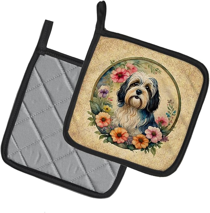 Caroline's Treasures Havanese and Flowers Pair of Pot Holders Kitchen Heat Resistant Pot Holders Sets Oven Hot Pads for Cooking Baking BBQ, 7 1/2 x 7 1/2