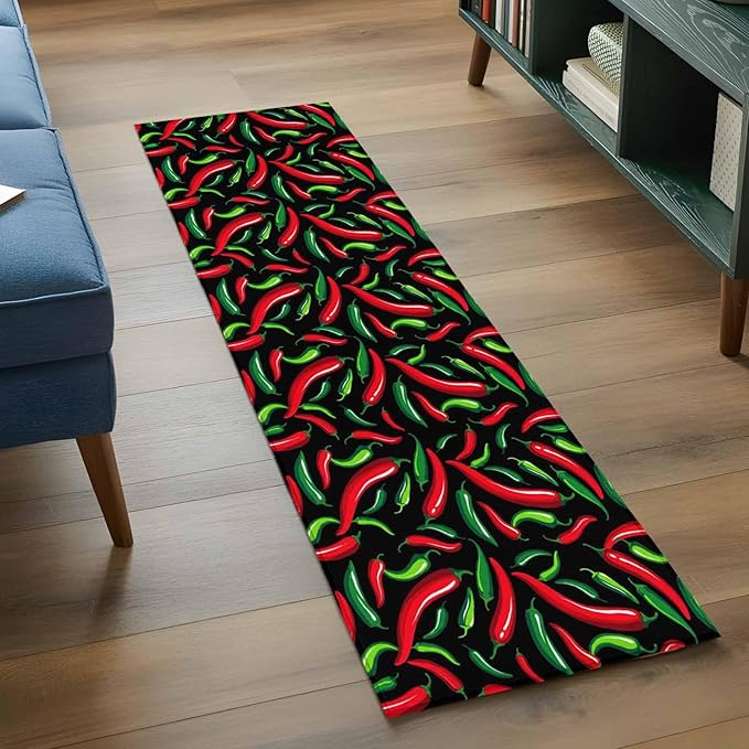 Runner Rug for Bedroom Hallway, Spicy Chili Pepper Pattern Kitchen Runner Rugs Area Rug 2x6ft, Red Green Peppers on Black Washable Soft Floor Carpet for Entryway Stair