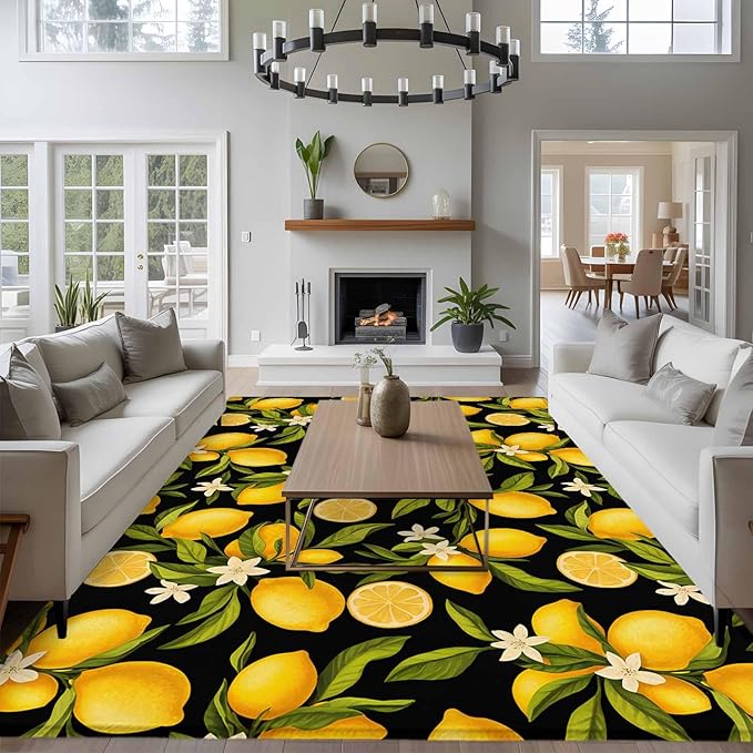 Area Rug 6x9ft, Summer Lemon Flower Washable Rugs for Living Room Bedroom, Plant on Black Soft Non-Slip Area Rugs Rectangle Floor Carpet for Dining Room