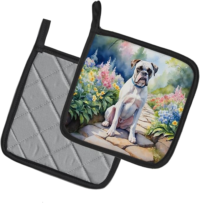 Caroline's Treasures White Boxer Spring Path Pair of Pot Holders Kitchen Heat Resistant Pot Holders Sets Oven Hot Pads for Cooking Baking BBQ, 7 1/2 x 7 1/2