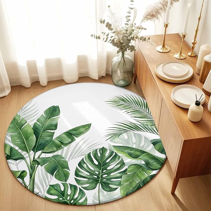 Washable Round Area Rug Watercolor Green Tropical Leaves Circle Rugs Floor Carpet for Living Room Bedroom, Botanical Palm Leaf Plants Soft Non Slip Round Rug 3ft