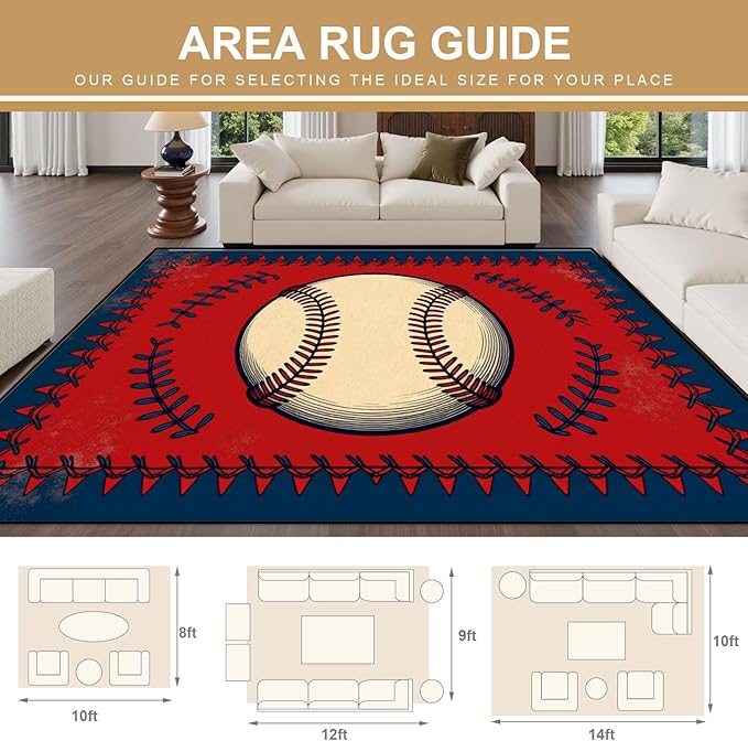 8x10 Area Rugs for Bedroom Boho Washable Man Cave Rug for Living Room Vintage Baseball Stitched Laces Red Sports Soft Rubber Backed Non-Slip Large Carpets for Boys