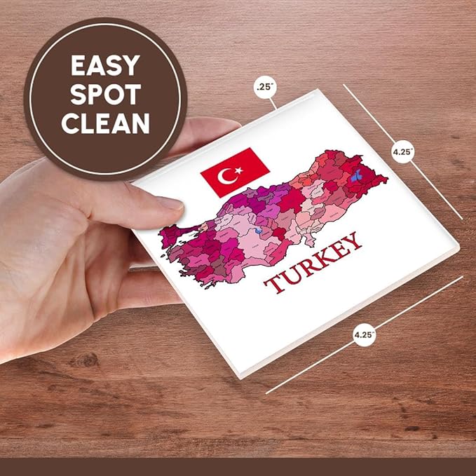 3dRose Map and Flag of Turkey with Provinces Labeled and Colored. Set of 4 Ceramic Tile Coasters