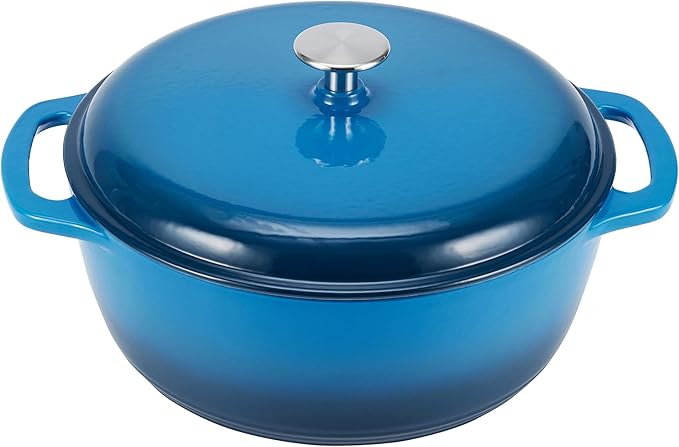 Amazon Basics Enameled Cast Iron Dutch Oven Pot with Lid, Round, Dual Handles, Heavy-Duty, Oven Safe for Baking, Roasting, Stews, 6-Quart, Blue