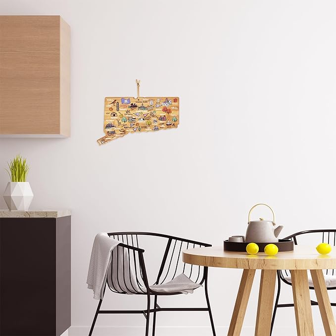 Totally Bamboo Connecticut State Shaped Cutting Board and Charcuterie Serving Platter with Artwork by Fish Kiss, Includes Hang Tie for Wall Display