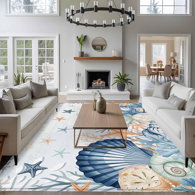 Area Rug 6x9ft, Underwater Shells Starfish on Blue Washable Rugs for Living Room Bedroom, Colorful Coral Soft Non-Slip Area Rugs Rectangle Floor Carpet for Dining Room