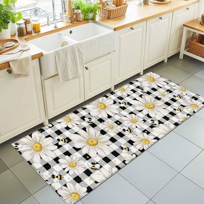 Runner Rug for Bedroom Hallway, Farmhouse Blossom Flower Bee Kitchen Runner Rugs Area Rug 2x6ft, Spring Daisy Black White Plaid Washable Soft Floor Carpet for Entryway Stair