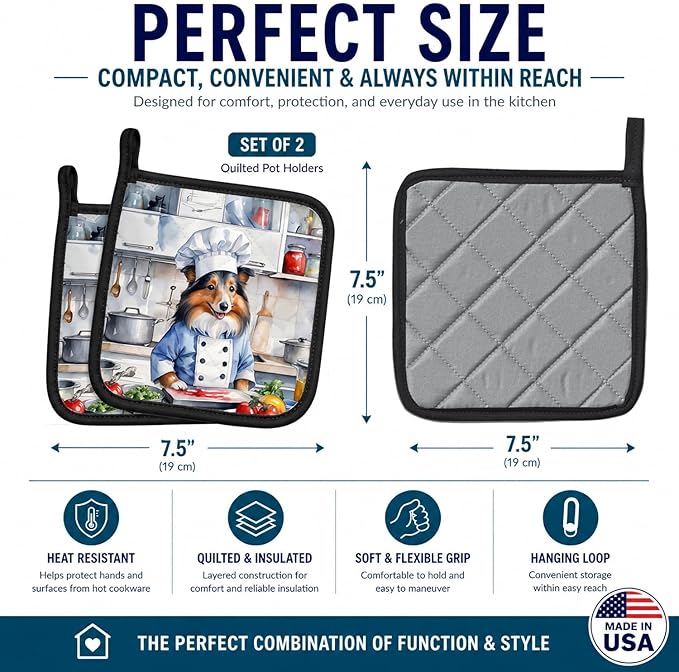 Caroline's Treasures Sheltie The Chef Pair of Pot Holders Kitchen Heat Resistant Pot Holders Sets Oven Hot Pads for Cooking Baking BBQ, 7 1/2 x 7 1/2