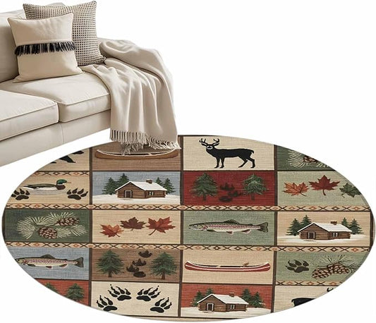 Washable Round Area Rug Vintage Bear Forest Deer Fish Village Circle Rugs Floor Carpet for Living Room Bedroom, Retro Wildlife Themes Soft Non Slip Round Rug 4ft