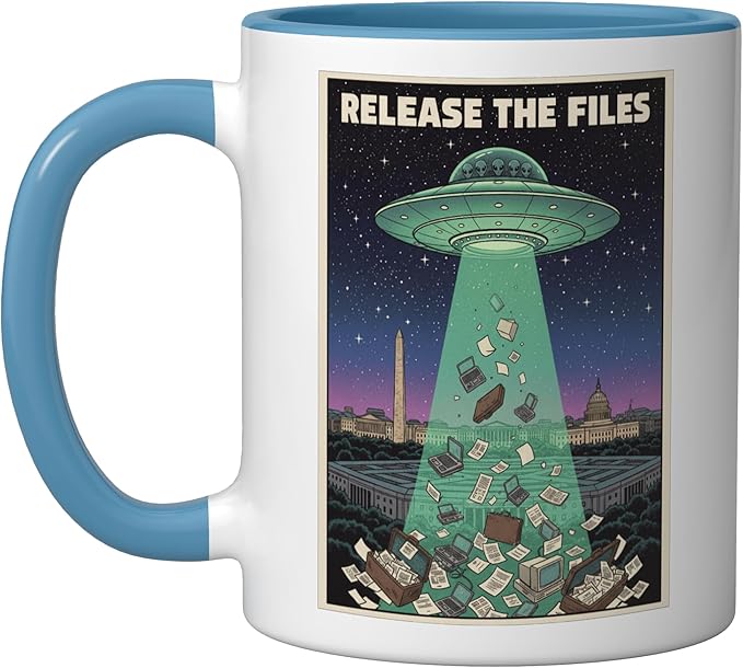 Release the Files UFO Disclosure UAP Alien Conspiracy Ceramic Mug, Blue/White