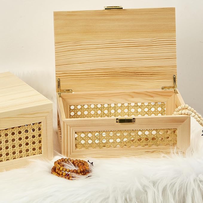 Decorative Rattan Storage Boxes Solid Wood Woven Baskets Bins with Lid Keepsake Memory Jewelry Box Natural Boho Shelf Wicker Closet Desk Organizer Container (Light Wood, Large Size)