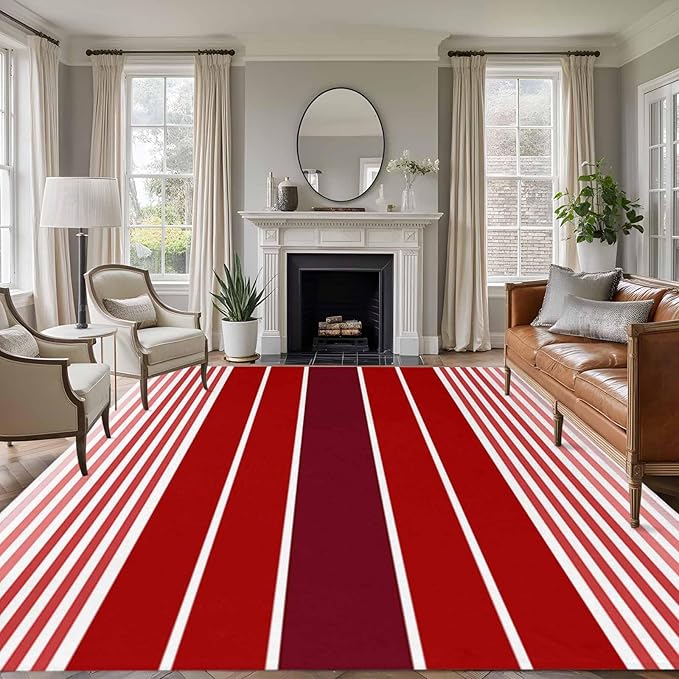 Area Rug 6x9ft, Abstract Gradient Red White Stripes Washable Rugs for Living Room Bedroom, Ombre Modern Art Soft Non-Slip Area Rugs Rectangle Floor Carpet for Dining Room