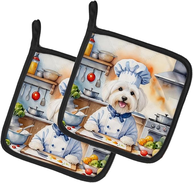 Caroline's Treasures Coton de Tulear The Chef Pair of Pot Holders Kitchen Heat Resistant Pot Holders Sets Oven Hot Pads for Cooking Baking BBQ, 7 1/2 x 7 1/2
