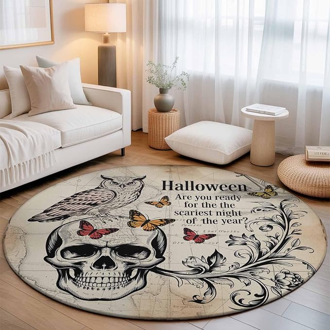 Washable Round Area Rug Halloween Skull Owls on Vintage Circle Rugs Floor Carpet for Living Room Bedroom, Retro Butterflies Flower Soft Non Slip Round Rug 3ft