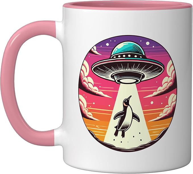 Penguin Abducted Alien Spacecraft Outer Space Abduction Ceramic Mug, Pink/White