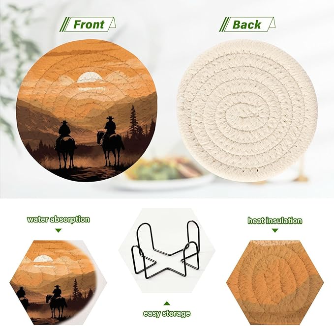 YETTASBIN Western Cowboy 6 Pcs Drink Coasters with Holder, Cotton Woven Absorbent Heat-Resistant Round Coaster Non-Slip Table Mat for Kitchen Bar Home Decor Housewarming Gift, 3.9 in