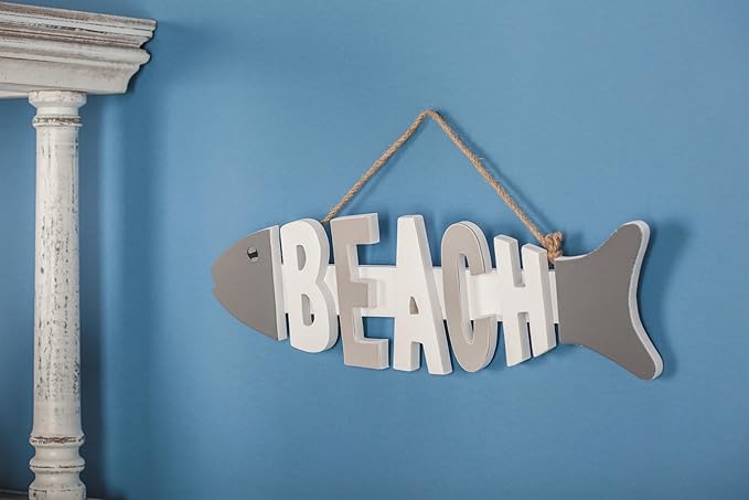 Deco 79 98869 Wooden Fish Wall Hook Rack with Beach Letter Cutouts Wall Hook Rack,Gray/White