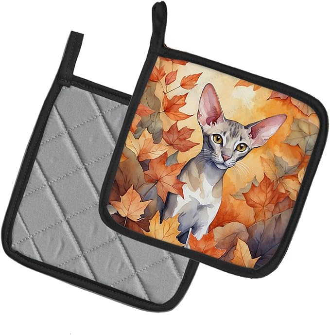 Caroline's Treasures Oriental Shorthair Cat in Fall Leaves Pair of Pot Holders Kitchen Heat Resistant Pot Holders Sets Oven Hot Pads for Cooking Baking BBQ, 7 1/2 x 7 1/2