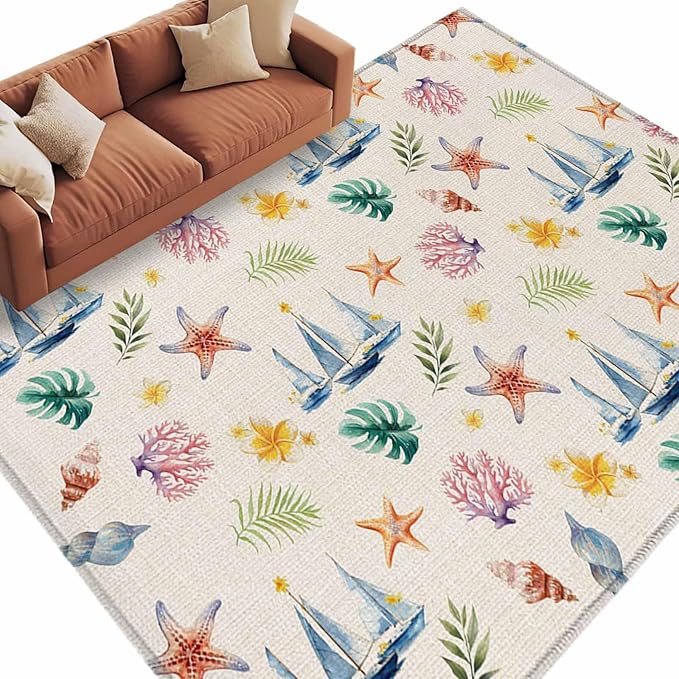 Area Rug 8x10ft, Summer Sea Starfish Sailboat Washable Rugs for Living Room Bedroom, Marine Life Coral on Linen Soft Non-Slip Area Rugs Rectangle Floor Carpet for Dining Room