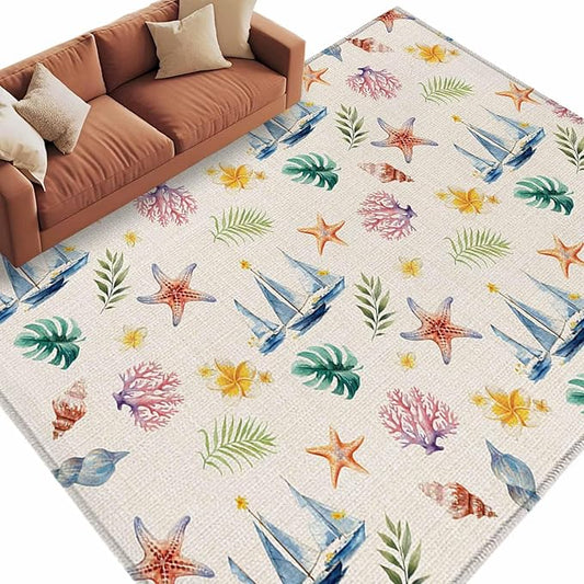 Area Rug 9x12ft, Summer Sea Starfish Sailboat Washable Rugs for Living Room Bedroom Rectangle Floor Carpet, Marine Life Coral on Linen Soft Non-Slip Area Rugs for Dining Room