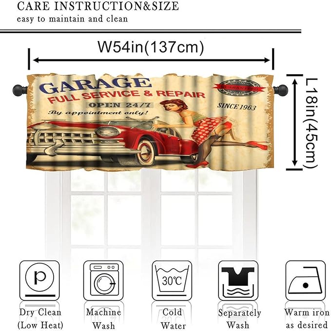 Car Vintage Garage Valance Curtain Retro Girl 1960S Mechanic Classic Signboard 1950S Aged Rod Pocket Valance Window Treatments Short Curtains for Kitchen Bathroom 54x18inch