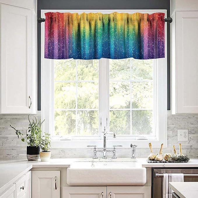 Rainbow Glitter Valance, Kids Colorful Magical Sparkle Art Short Rod Pocket Window Drapes for Kitchen Dining Room Bedroom Home Decor, 54x18Inch