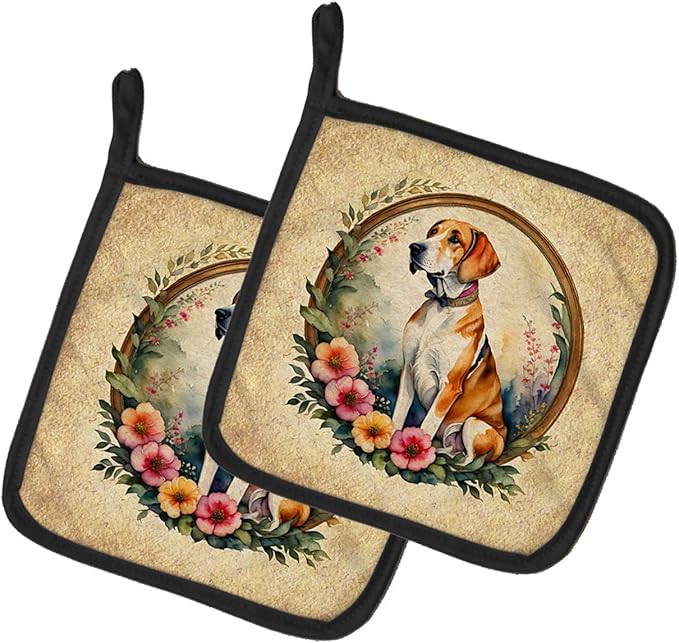 Caroline's Treasures English Foxhound and Flowers Pair of Pot Holders Kitchen Heat Resistant Pot Holders Sets Oven Hot Pads for Cooking Baking BBQ, 7 1/2 x 7 1/2