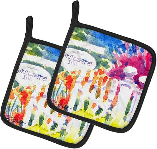 Caroline's Treasures 6124PTHD Whitegate Inn Fence Houses Pair of Pot Holders Kitchen Heat Resistant Pot Holders Sets Oven Hot Pads for Cooking Baking BBQ, 7 1/2 x 7 1/2