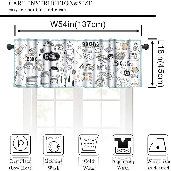 Kitchen Valance Curtain, Doodle Baking Cooking Tools Treats Food Short Window Treatment for Kitchen Dining Resturant Bedroom Home Decor, 54x18Inch