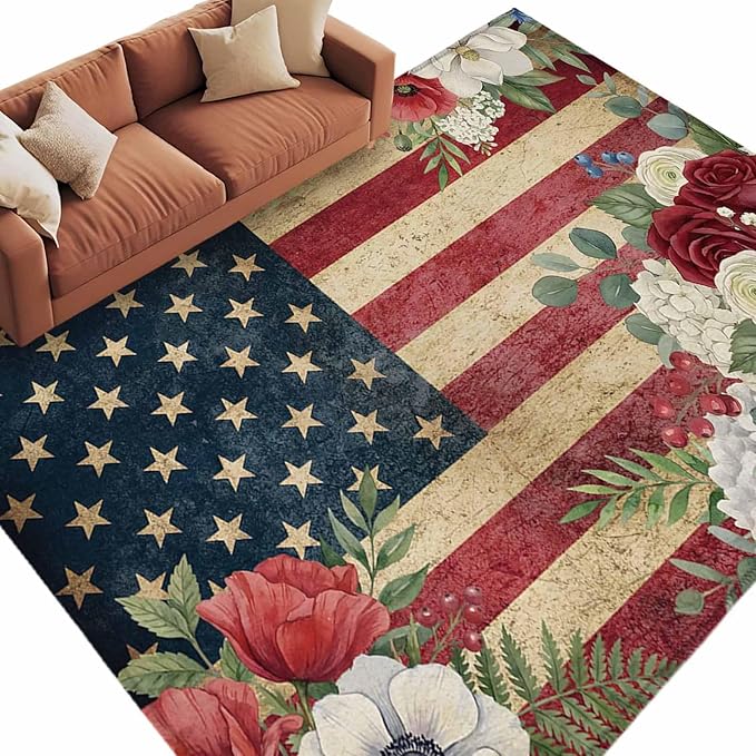Area Rug 9x12ft, Independence Day 250th Anniversary Washable Rugs for Living Room Bedroom Rectangle Floor Carpet, Vintage USA Flag Floral Soft Non-Slip Area Rugs for Dining Room