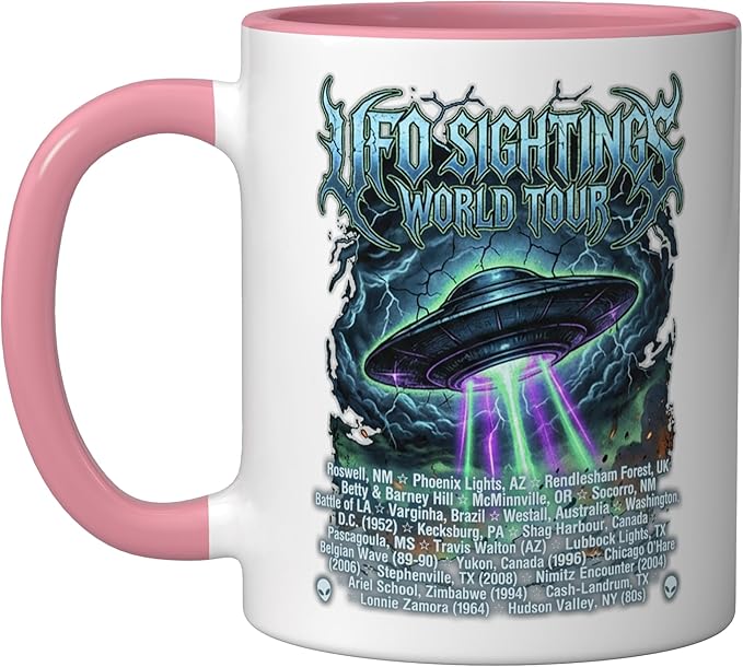 Vintage UFO Sightings World-Tour Cool-Looking Heavy-Metal Ceramic Mug, Pink/White