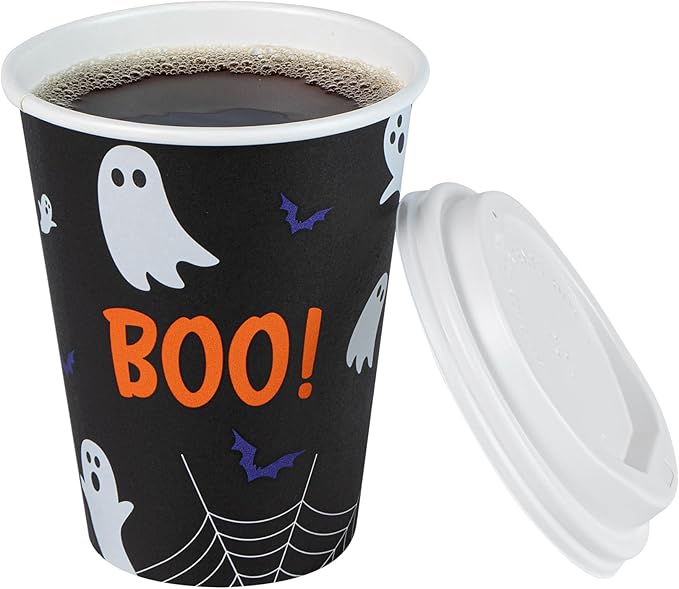 Restaurantware-Restpresso 12 Ounce Halloween Party Cups, 20 Disposable Hot Cups With Plastic Lids - Spooky Ghost Design, Rolled Rim, Black Paper Coffee Cups, Single Wall, Serve Hot And Cold Drinks
