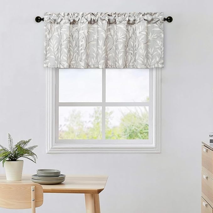 Leeva Leaves Printing Curtains Valances for Windows, Rod Pocket Valance for Kitchen Bedroom Living Room, 52 x 18 Inch, Grey
