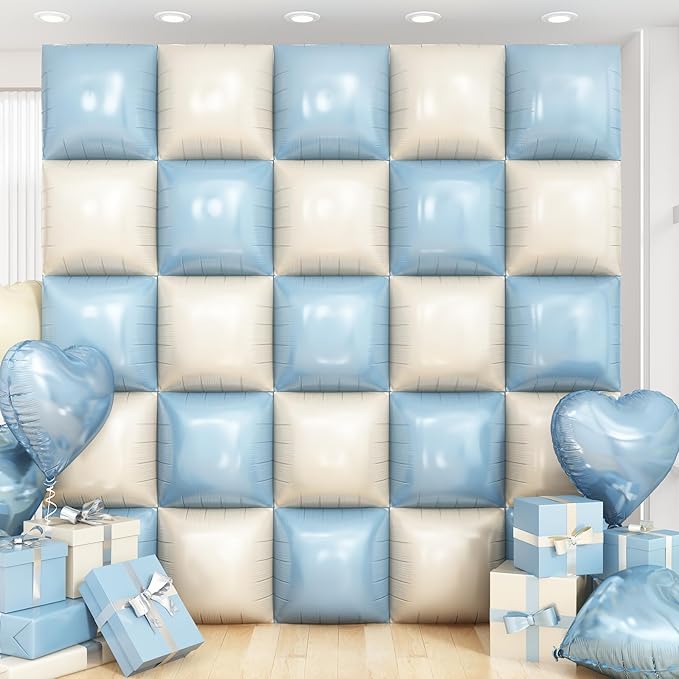 Blue White Square Foil Balloon Wall,25Pcs Double Sided Balloons Backdrop Helium Balloon Tunnel Arch Garland Kit for Birthday Bridal Anniversary Baby Shower Party Decorations