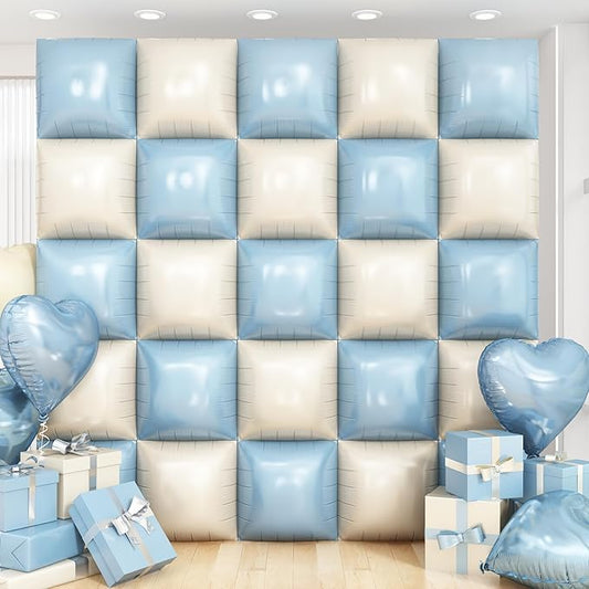 Blue White Square Foil Balloon Wall,25Pcs Double Sided Balloons Backdrop Helium Balloon Tunnel Arch Garland Kit for Birthday Bridal Anniversary Baby Shower Party Decorations