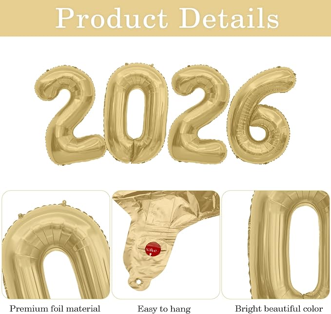 2026 Balloons, 2026 Number Balloons, 40 Inch Large Foil Graduation Balloon 2026 Numbers for Graduation Decorations Class of 2026, Birthday, Anniversary, New Year Eve Party Decorations, Matt Gold